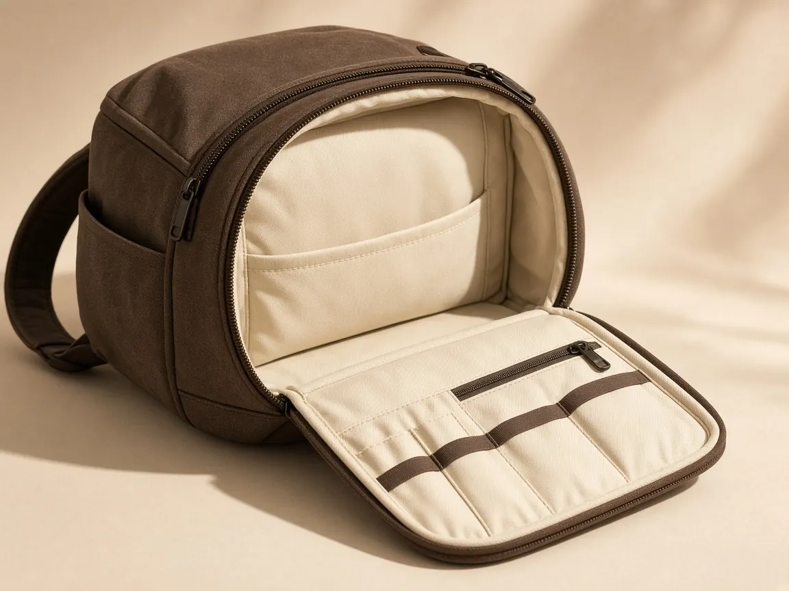 Open backpack showing laptop sleeve and organiser pockets