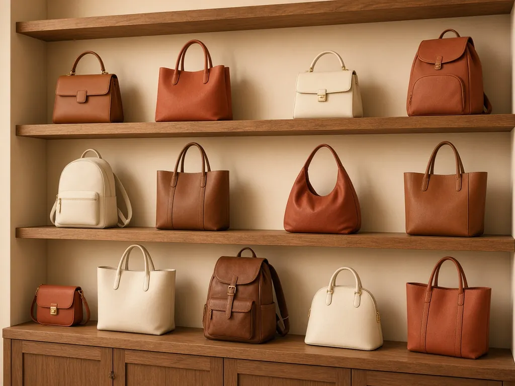 Retail shelf display of handbags, totes and backpacks for bag dealers