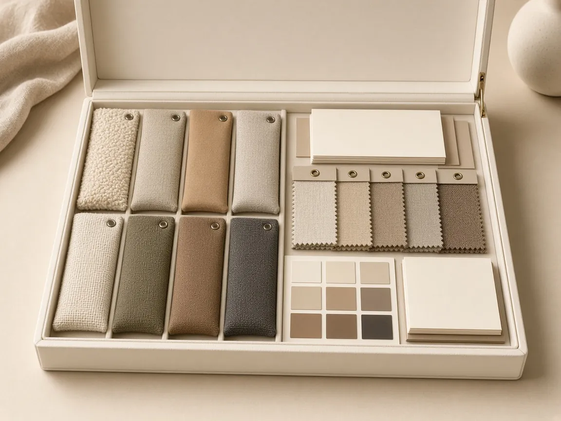 Sample kit with bag fabric swatches and colour cards for distributors