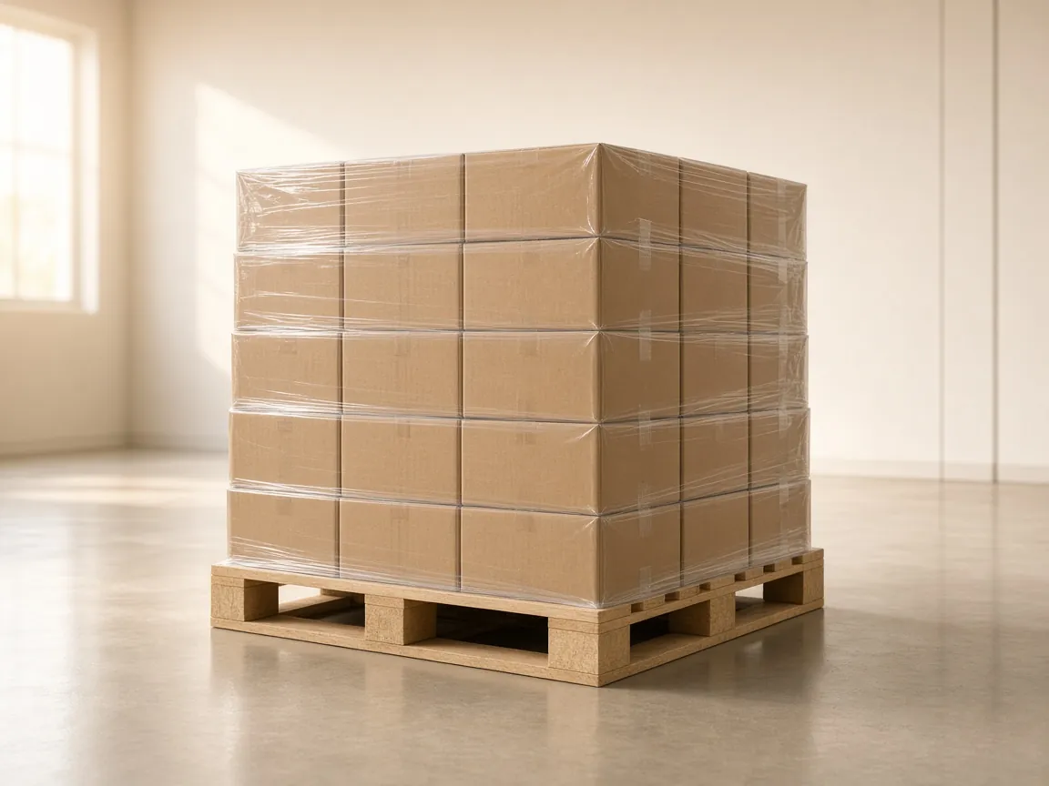 Shrink-wrapped cartons of bags on a pallet for bag distributors