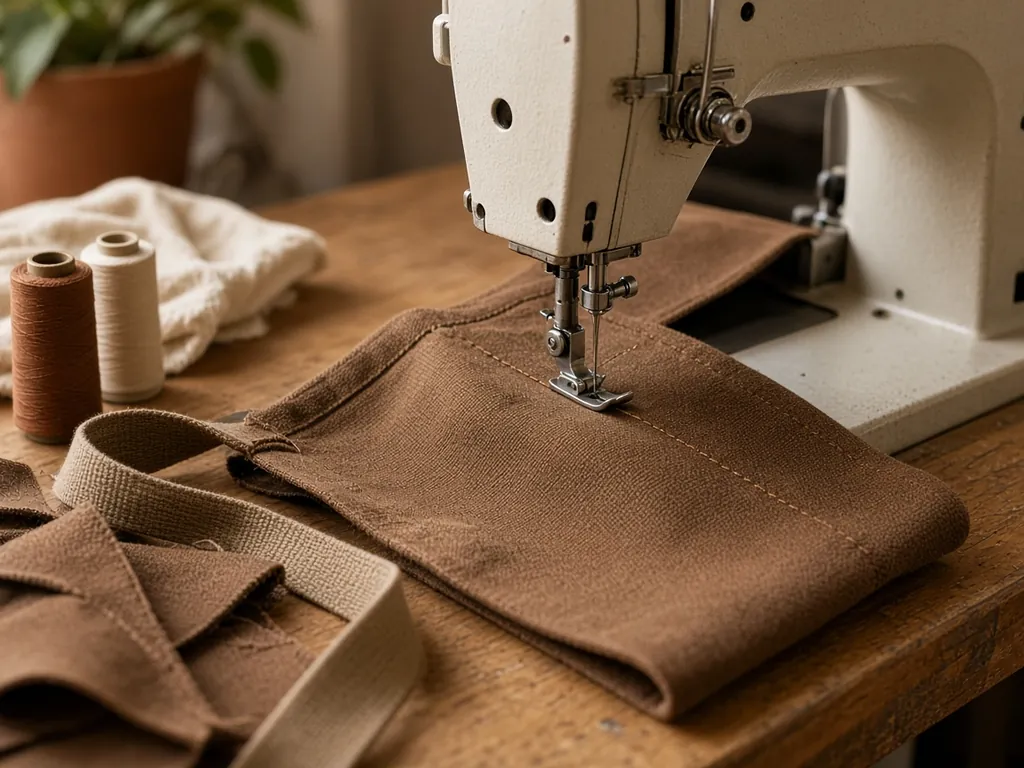 Close-up of a sewing machine stitching a canvas bag panel