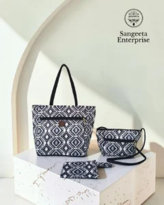 Combo bag set of 3 in black and white ikat geometric print, made by Sangeeta Enterprise, Nagpur