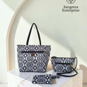 Combo bag set of 3 in black and white ikat geometric print, made by Sangeeta Enterprise, Nagpur