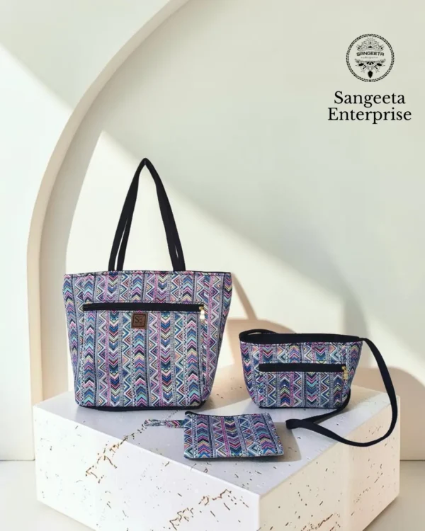 Combo bag set of 3 in blue-grey and pink geometric print, made by Sangeeta Enterprise, Nagpur