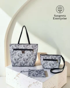 Combo bag set of 3 in grey and white paisley print, made by Sangeeta Enterprise, Nagpur