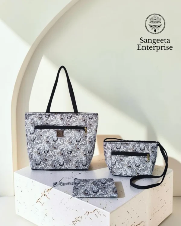 Combo bag set of 3 in grey and white paisley print, made by Sangeeta Enterprise, Nagpur