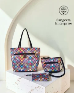 Combo bag set of 3 in multicolour mosaic diamond print, made by Sangeeta Enterprise, Nagpur