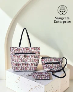 Combo bag set of 3 in pink and cream floral motif print, made by Sangeeta Enterprise, Nagpur