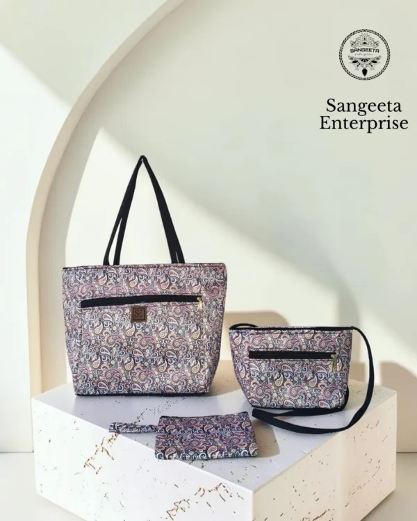 Combo bag set of 3 in mauve small floral print, made by Sangeeta Enterprise, Nagpur