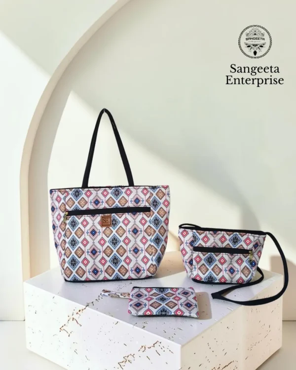 Combo bag set of 3 in blue and pink diamond ikat print, made by Sangeeta Enterprise, Nagpur