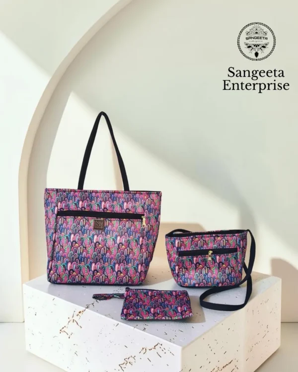 Combo bag set of 3 in purple and pink floral print, made by Sangeeta Enterprise, Nagpur