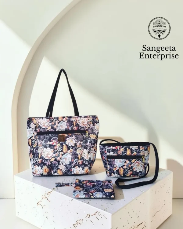 Combo bag set of 3 in navy floral print, made by Sangeeta Enterprise, Nagpur