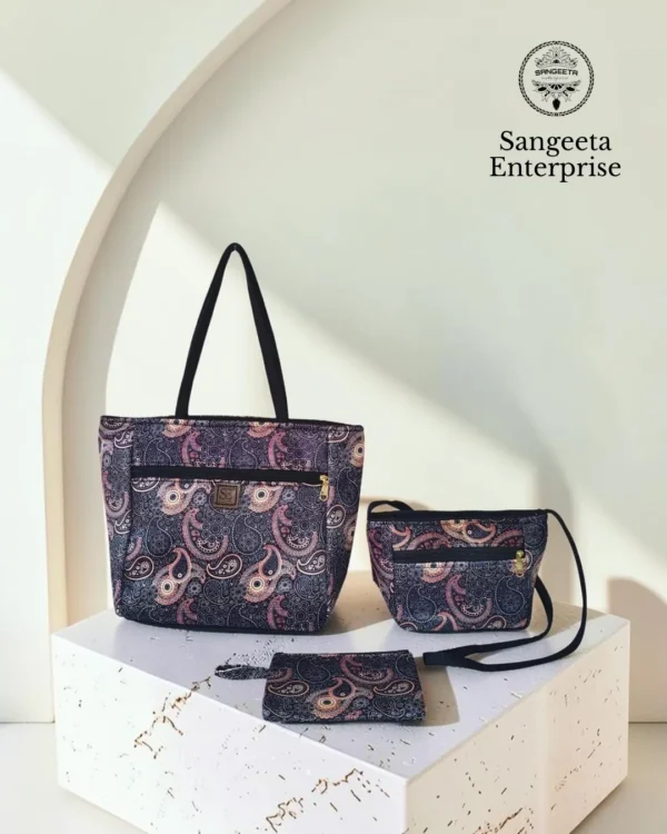 Combo bag set of 3 in navy paisley print, made by Sangeeta Enterprise, Nagpur