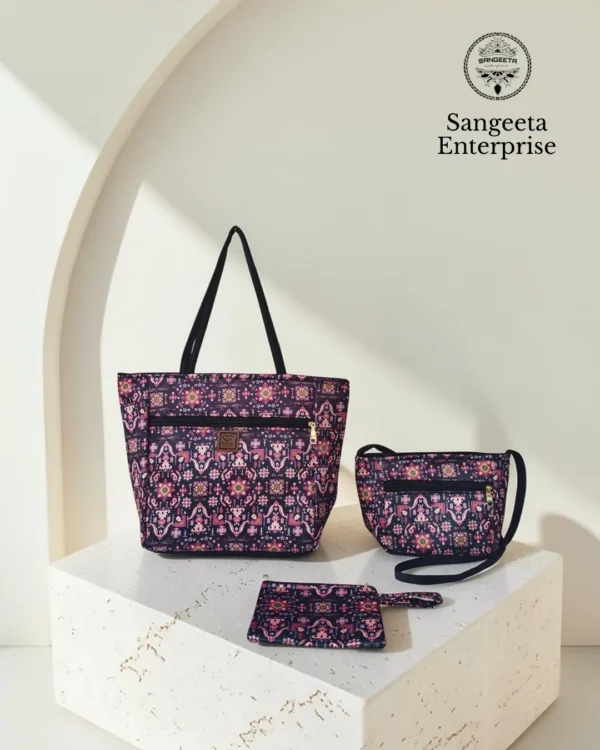 Combo bag set of 3 in purple and maroon ethnic motif print, made by Sangeeta Enterprise, Nagpur