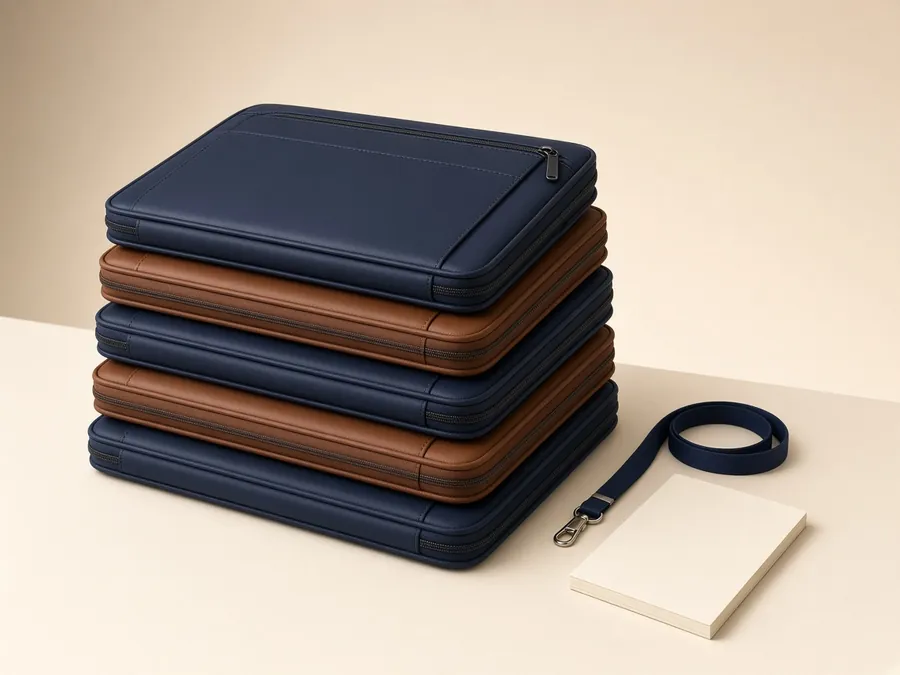 Stack of navy and brown conference and seminar bags