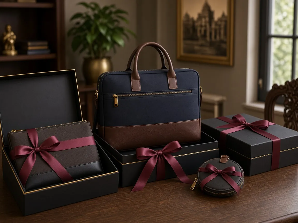 Corporate gifting bags and pouches in gift boxes with ribbon