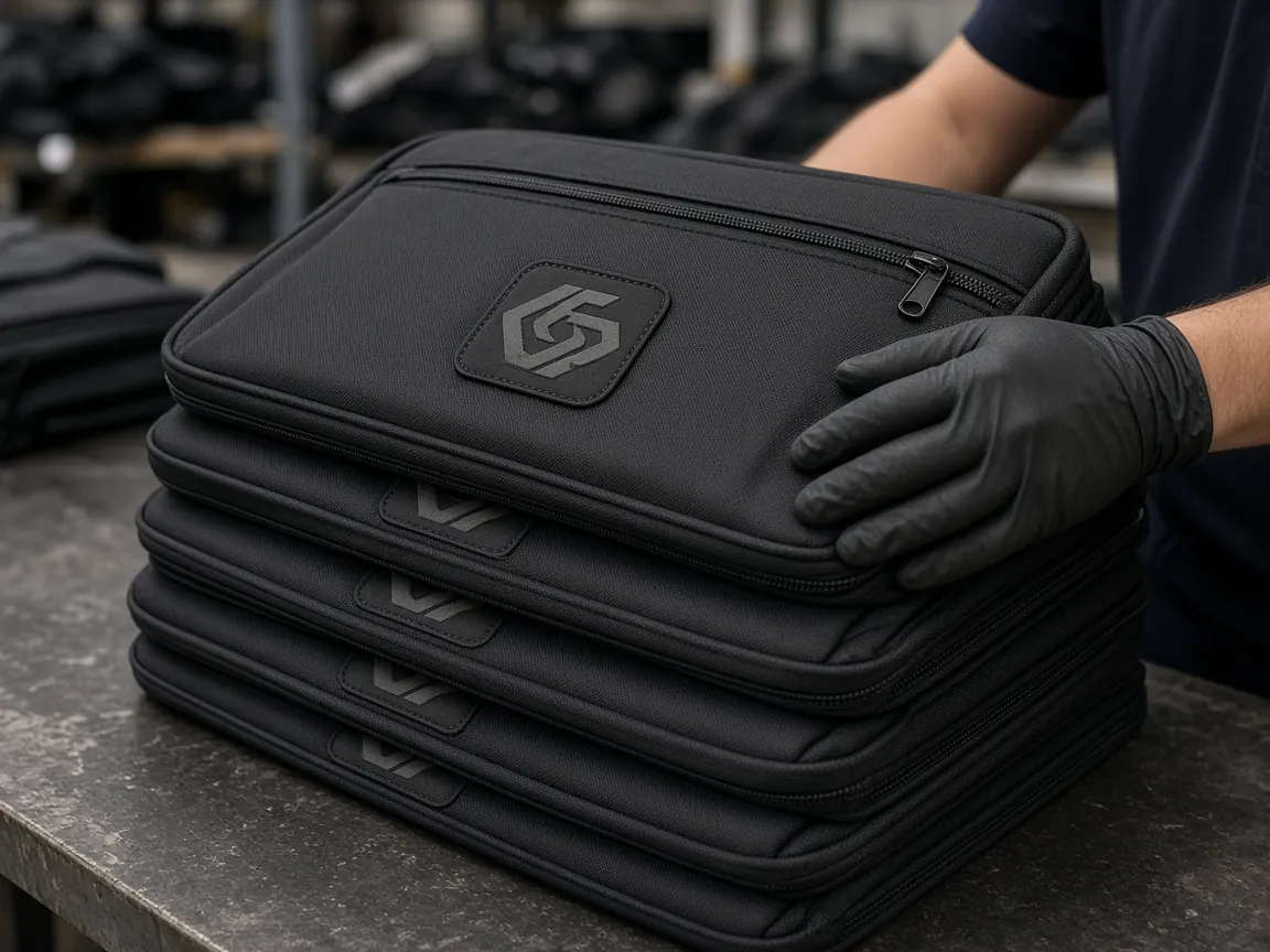 Stack of black corporate laptop bags with an embroidered logo patch at quality check