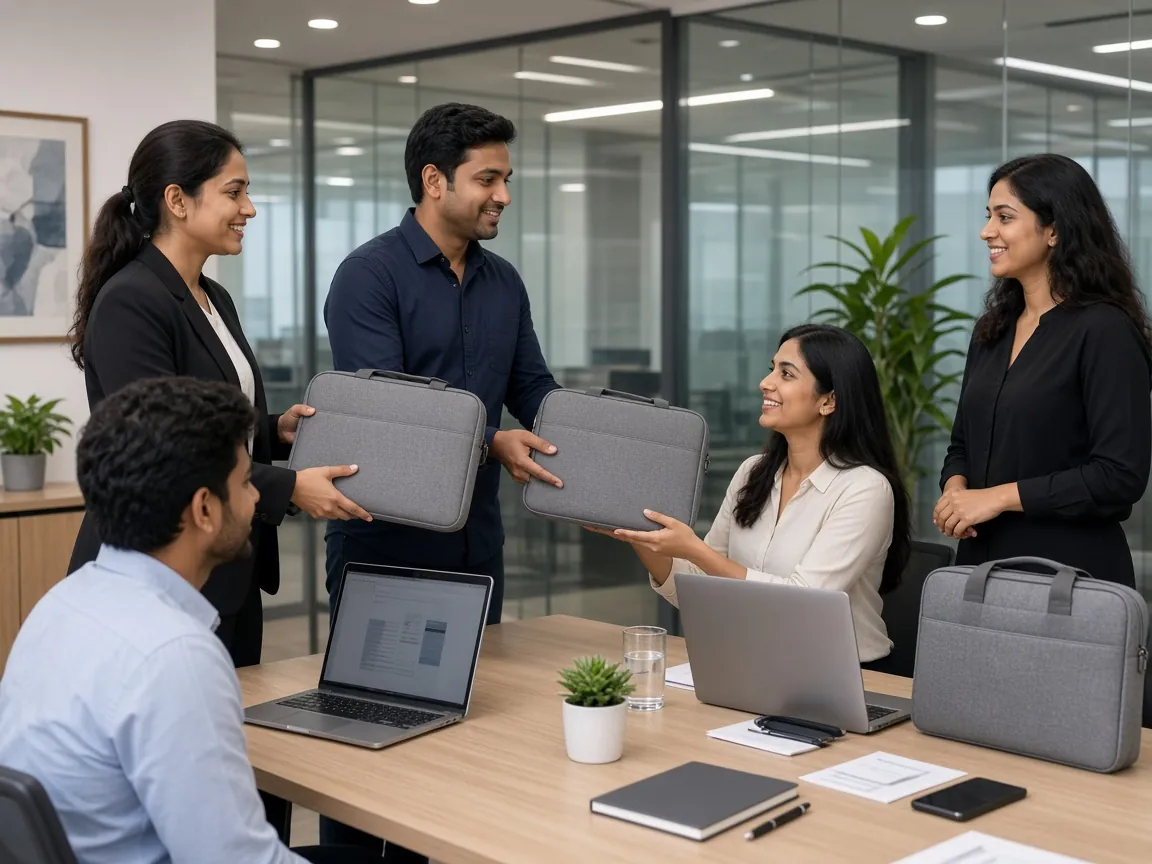 HR team handing branded laptop bags to new employees in an office