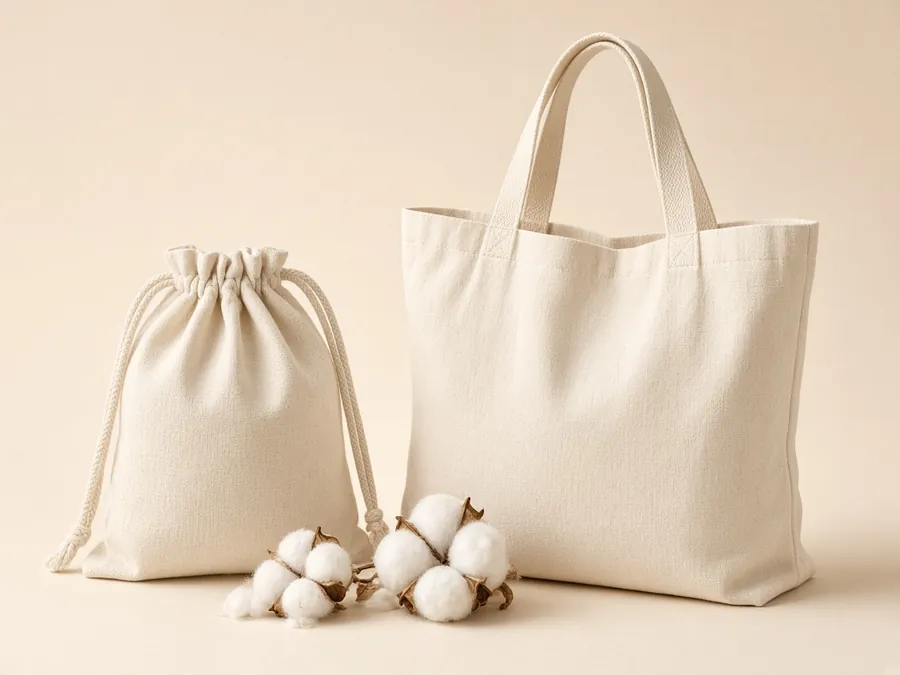 Natural cotton canvas tote and cotton drawstring bag