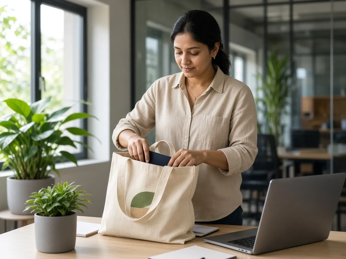 Company employee packing a welcome kit into a logo-printed canvas bag