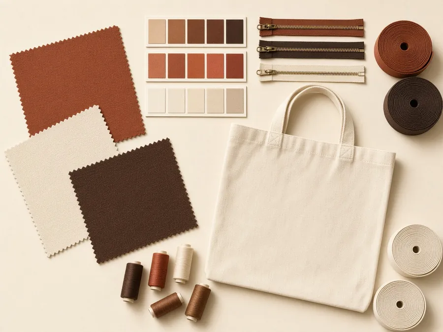 Custom bag materials: fabric swatches, zippers, webbing and a blank tote for OEM bags