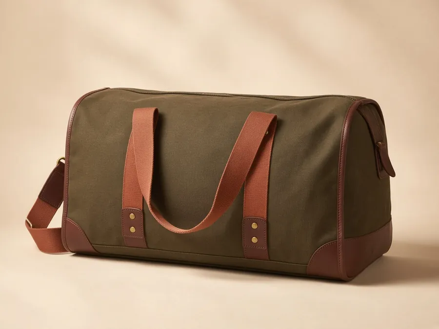 Olive canvas duffle bag with brown trim and webbing handles