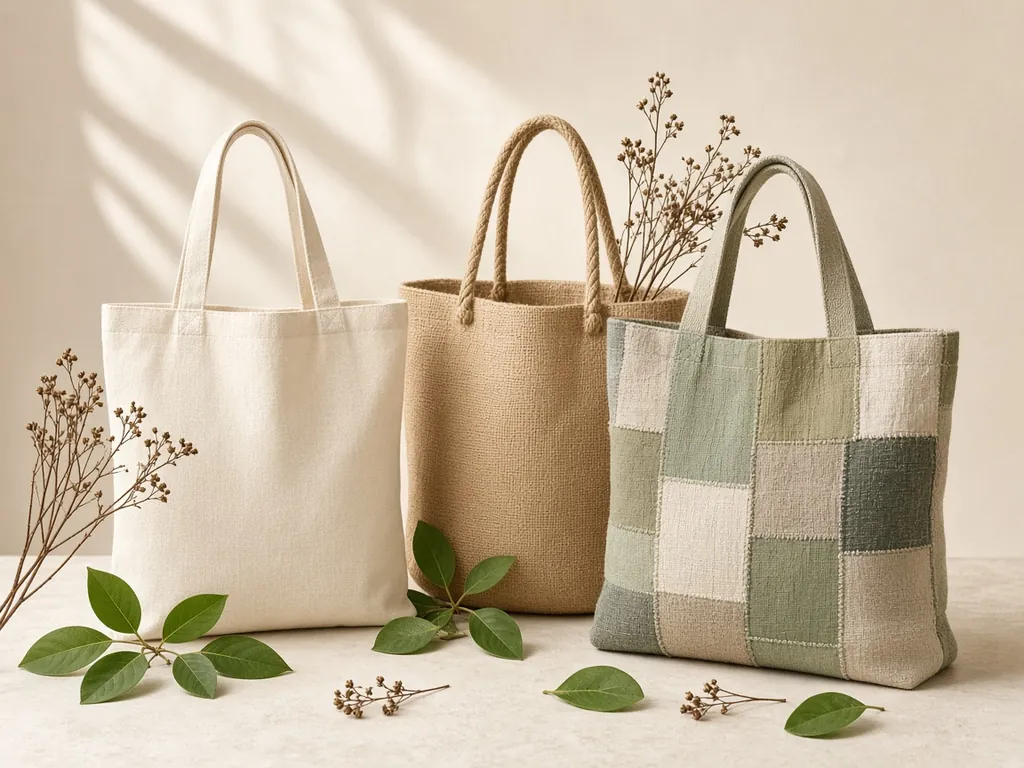 Eco-friendly bags: cotton tote, jute bag and recycled fabric bag