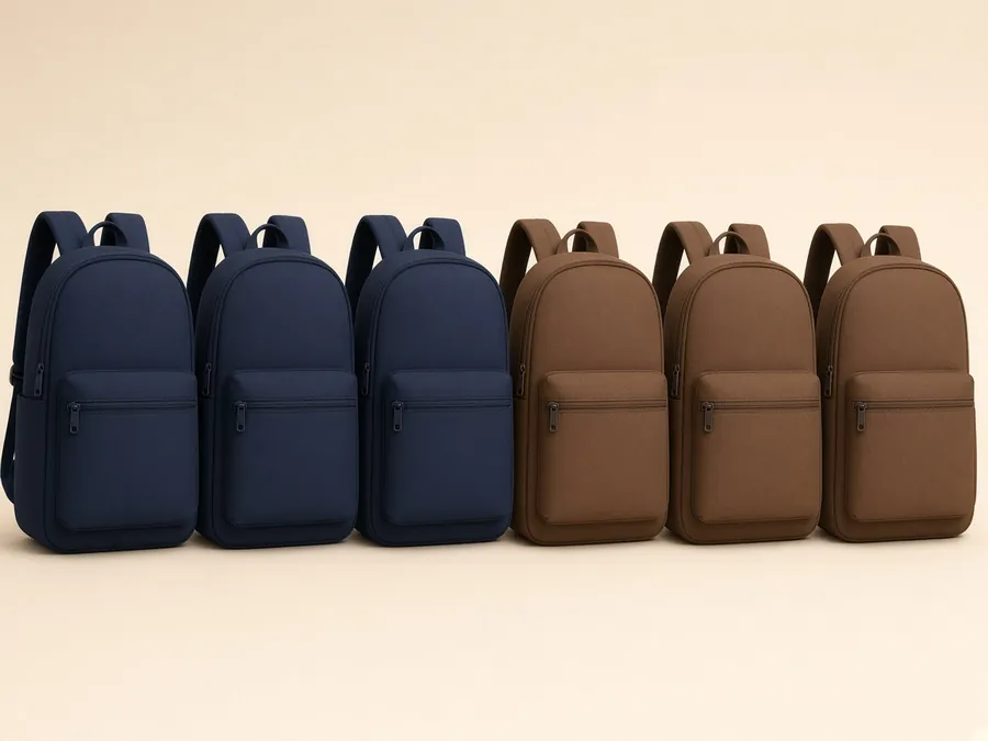Row of matching navy and brown school bags for education institutes