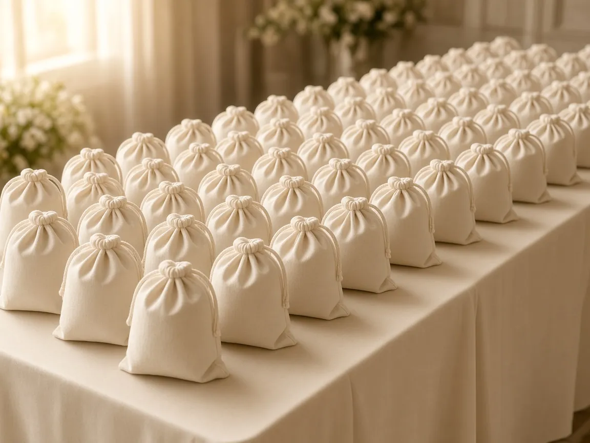 Rows of cream drawstring goodie bags ready for an event