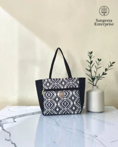 Everyday tote bag in black and white ikat print, made by Sangeeta Enterprise, Nagpur