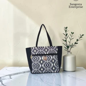 Everyday tote bag in black and white ikat print, made by Sangeeta Enterprise, Nagpur