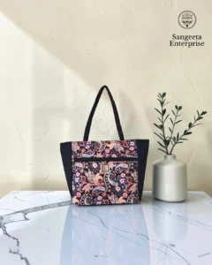 Everyday tote bag in pink and navy floral paisley print, made by Sangeeta Enterprise, Nagpur