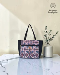 Everyday tote bag in purple and pink geometric print, made by Sangeeta Enterprise, Nagpur