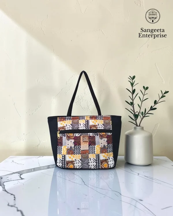 Everyday tote bag – brown and cream patchwork print Everyday tote bag in brown and cream patchwork print, made by Sangeeta Enterprise, Nagpur