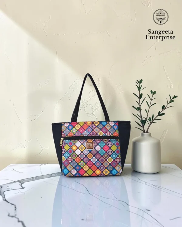 Everyday tote bag – multicolour mosaic diamond print Everyday tote bag in multicolour mosaic diamond print, made by Sangeeta Enterprise, Nagpur