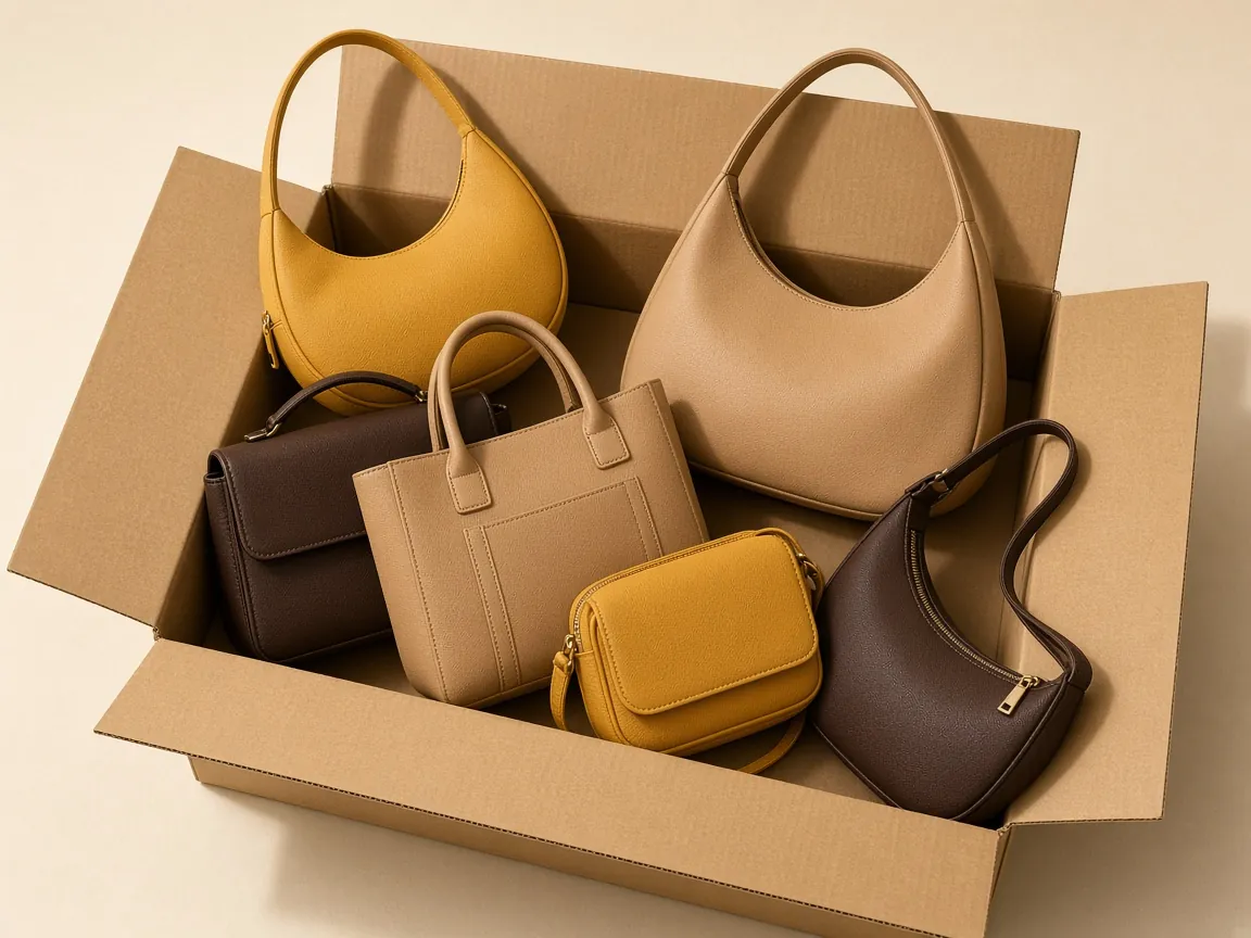 Assorted fast fashion handbags packed in a carton for wholesale dispatch