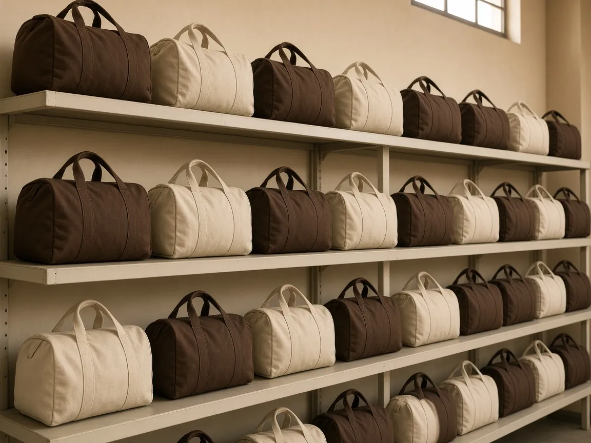 Shelves of identical kit bags for hostel and training institutes