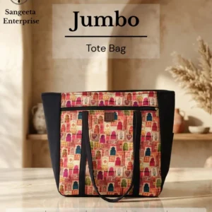 Jumbo tote bag in red block print – cover photo, made by Sangeeta Enterprise, Nagpur
