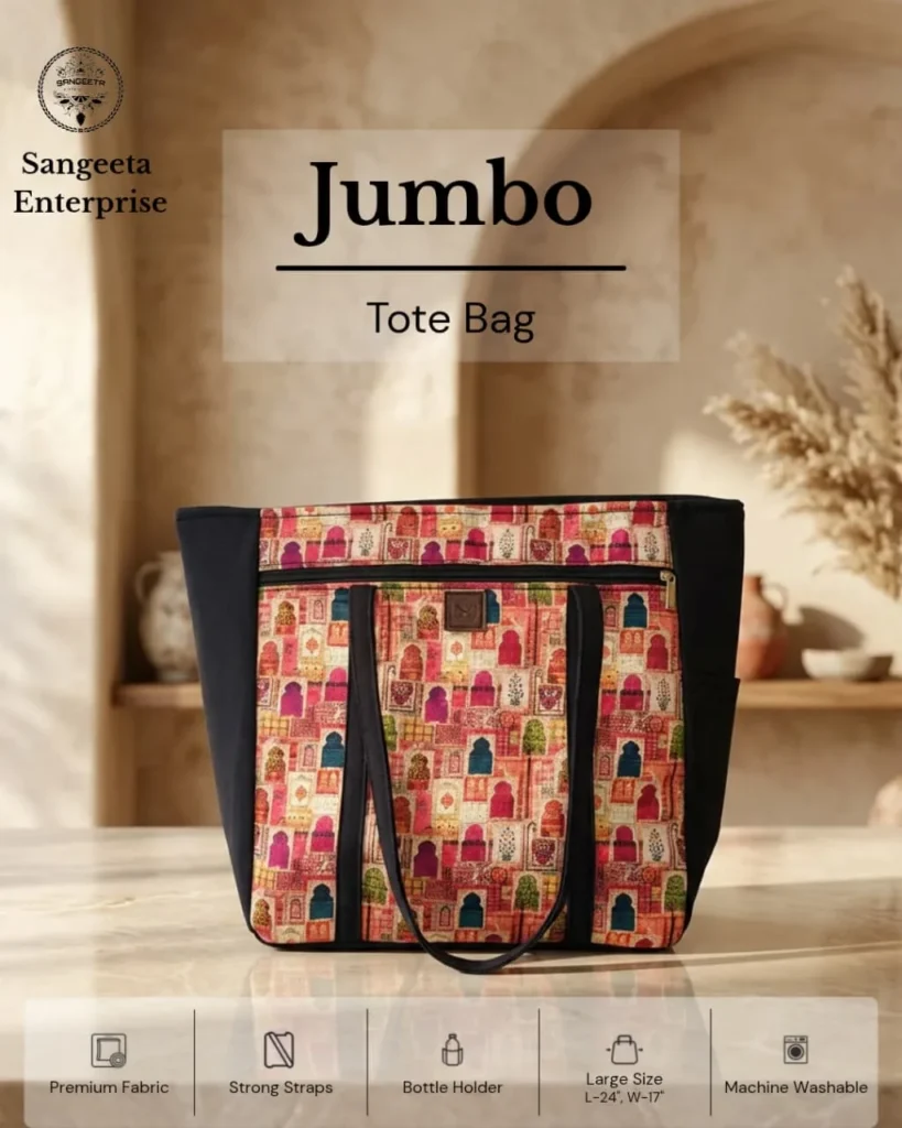 Jumbo tote bag in red block print, one of the bag styles Sangeeta Enterprise makes in Nagpur