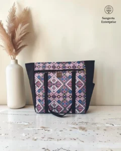 Jumbo tote bag in blue and pink diamond print, made by Sangeeta Enterprise, Nagpur