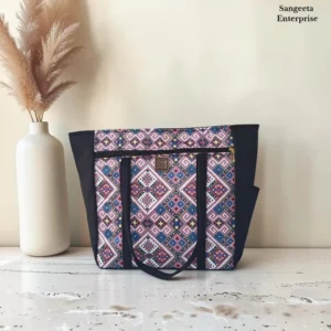 Jumbo tote bag in blue and pink diamond print, made by Sangeeta Enterprise, Nagpur