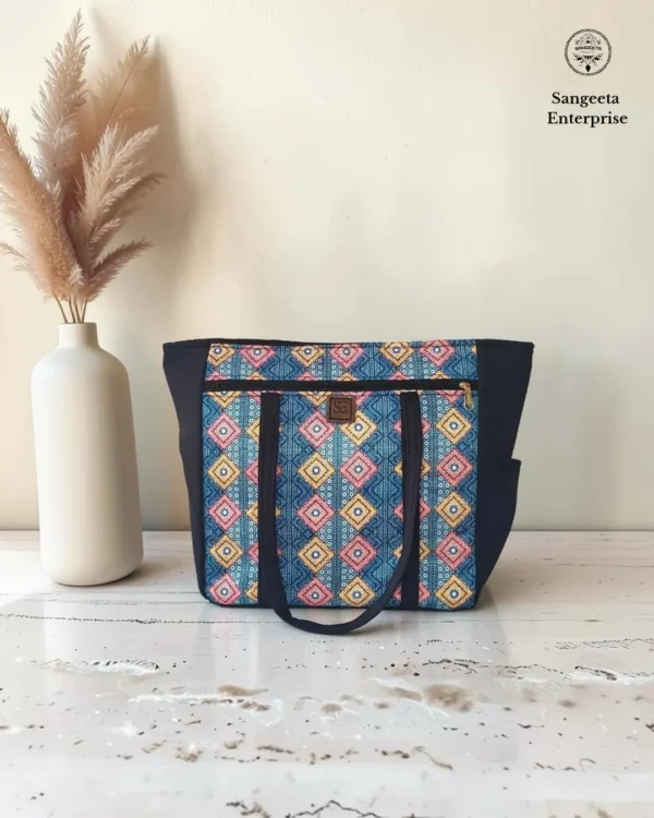 Jumbo tote bag – teal multicolour diamond print Jumbo tote bag in teal multicolour diamond print, made by Sangeeta Enterprise, Nagpur