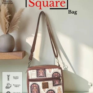 Jute premium square bag in cream arch motif print – cover photo, made by Sangeeta Enterprise, Nagpur