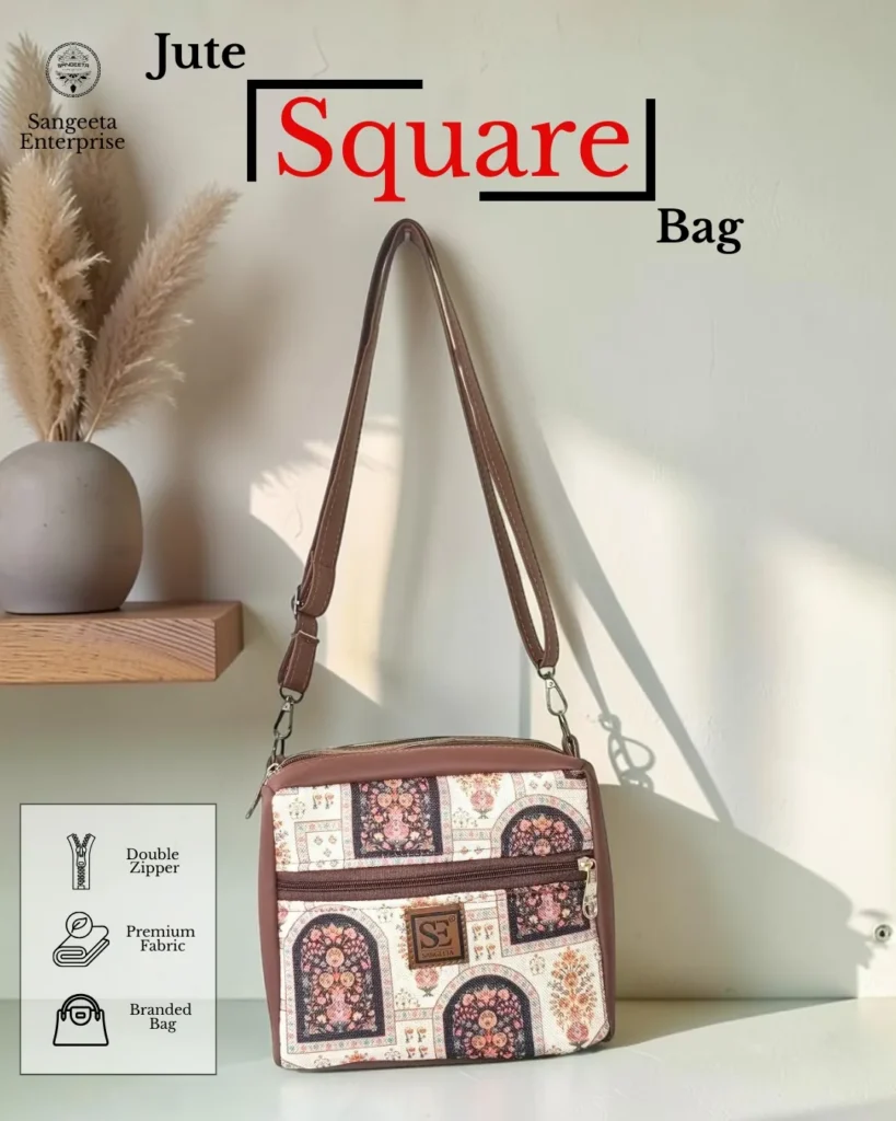 Jute premium square bag in cream arch motif print – cover photo, made by Sangeeta Enterprise, Nagpur