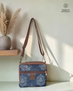 Jute premium square bag in navy block print, made by Sangeeta Enterprise, Nagpur