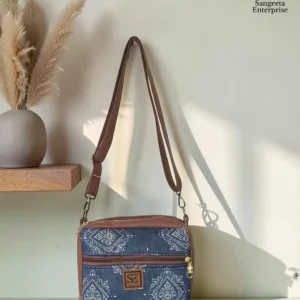 Jute premium square bag in navy block print, made by Sangeeta Enterprise, Nagpur