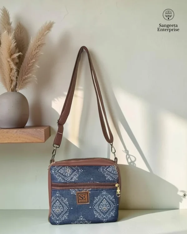 Jute premium square bag – navy block print Jute premium square bag in navy block print, made by Sangeeta Enterprise, Nagpur