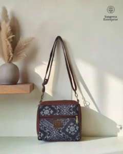 Jute premium square bag in navy and grey patchwork print, made by Sangeeta Enterprise, Nagpur