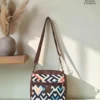 Jute premium square bag in black, white and orange chevron print, made by Sangeeta Enterprise, Nagpur