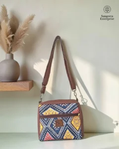 Jute premium square bag in navy and yellow geometric print, made by Sangeeta Enterprise, Nagpur